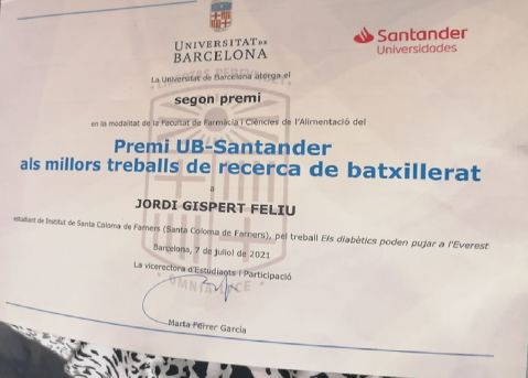 2n premi dels UB-SANTANDER DE LA FACULTAT DE FARMÀCIA I CIÈNCIES DE L'ALIMENTACIÓ per en Jordi Gispert Feliu